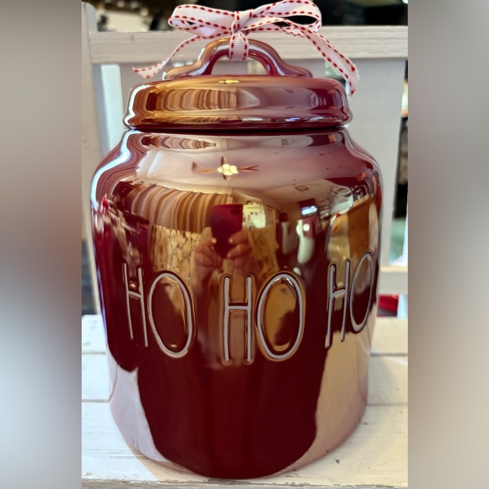 Rae Dunn Iridescent Red Holiday HO HO HO Canister